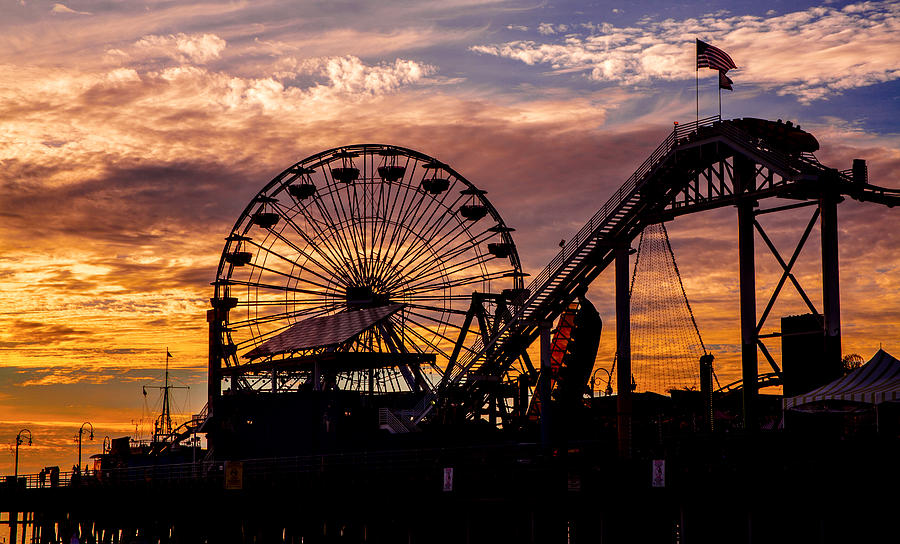 Ferris Wheel Photograph - Sunset Amusement Park Farris Wheel On The Pier Fine Art Photography Print by Jerry Cowart