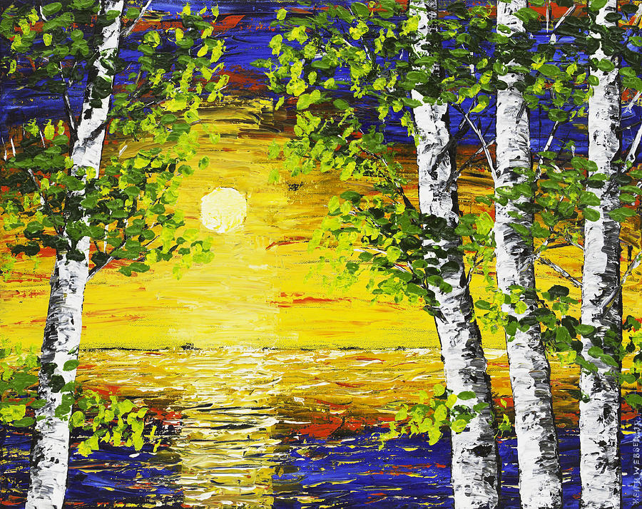 Sunset And Birch Trees Palette Knife Painting Painting by Keith Webber Jr