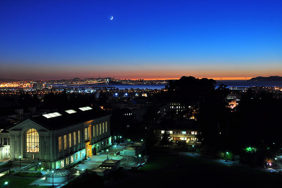 Sunset and Crescent Moon over Campus Photograph by Joel Thai