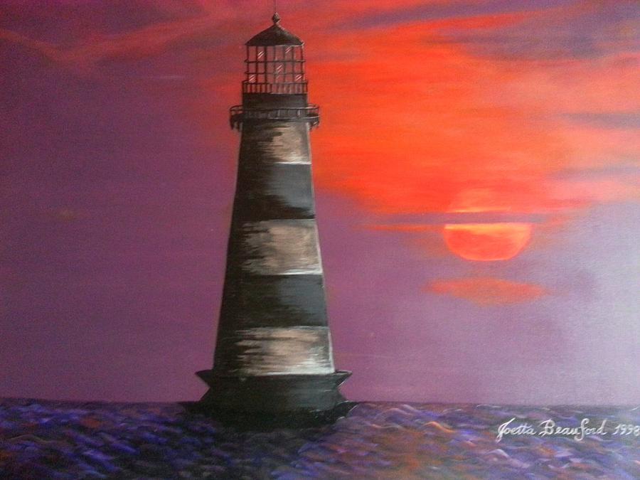 Sunset and Lighthouse Painting by Joetta Beauford