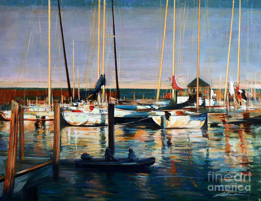 Sunset at boat harbor  Painting by Zheng Li