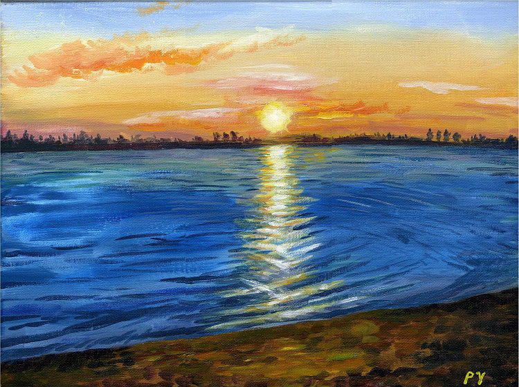 Sunset at Creve Coeur Park Painting by Ping Yan