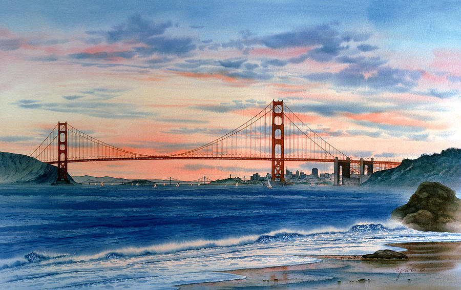 San Francisco Painting - Sunset At Golden Gate Bridge by John YATO