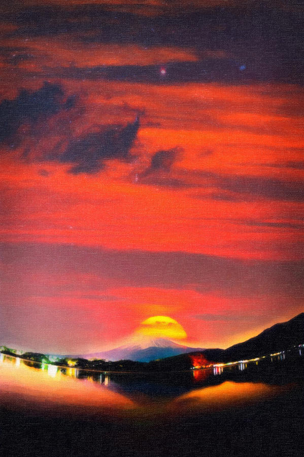 Sunset At Mystical Mount Fuji Japan Art Painting by MotionAge Designs