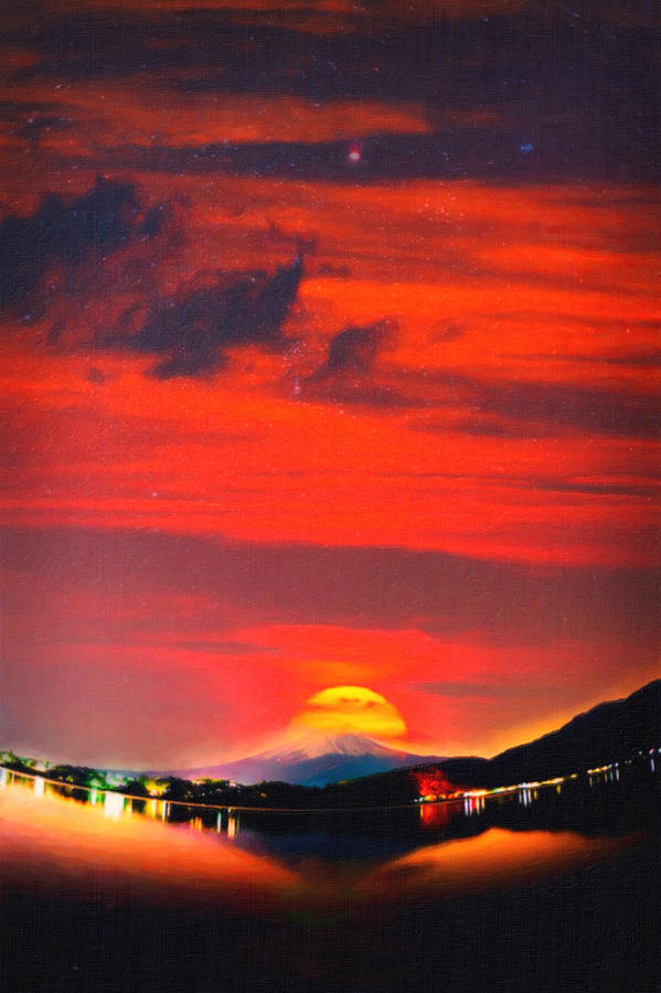 Sunset At Mystical Mount Fuji Japan Crayons Painting by MotionAge Designs