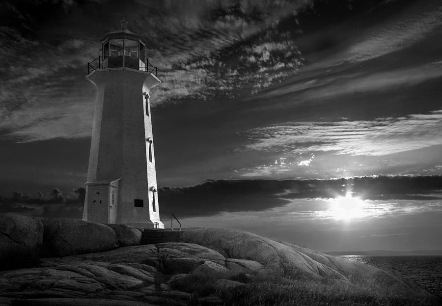 Sunset at Peggys Cove Lighthouse in Black and White Photograph by Randall Nyhof