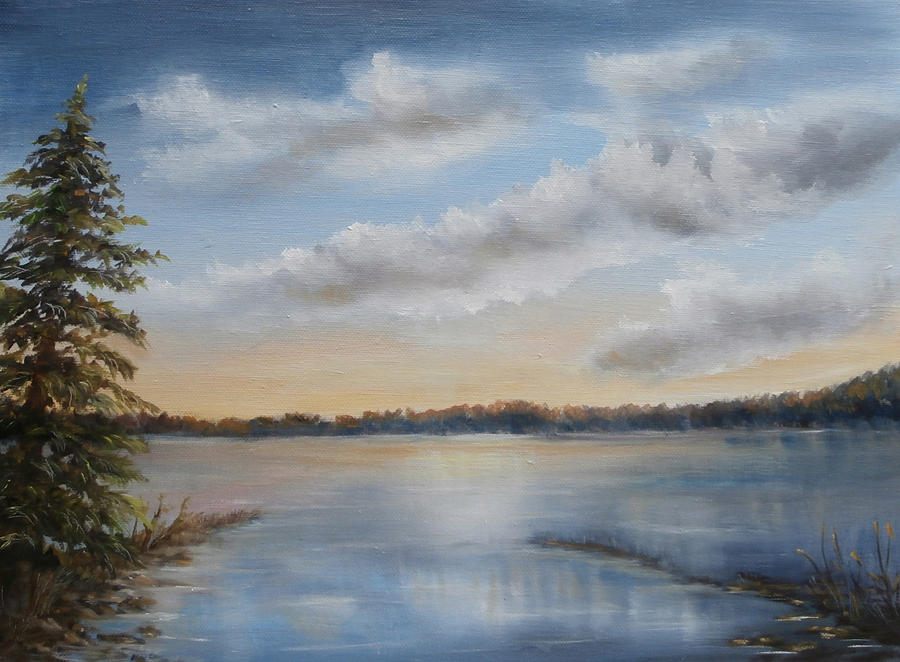 Sunset at Sparta Lake New Jersey Painting by Katalin Luczay