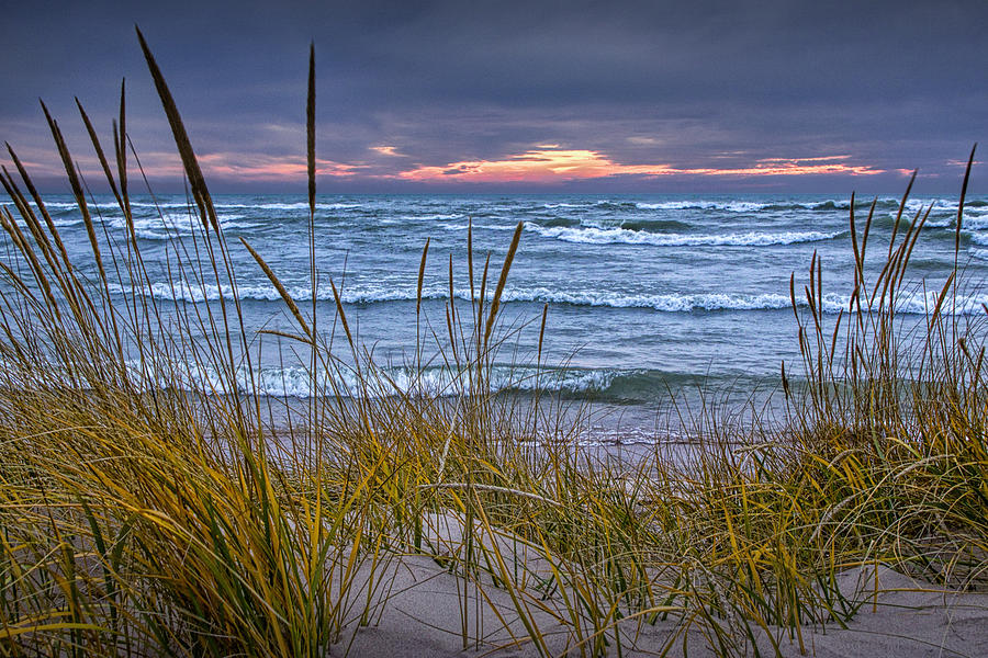 Sunset on the Beach at Lake Michigan with Dune Grass Photograph by Randall Nyhof