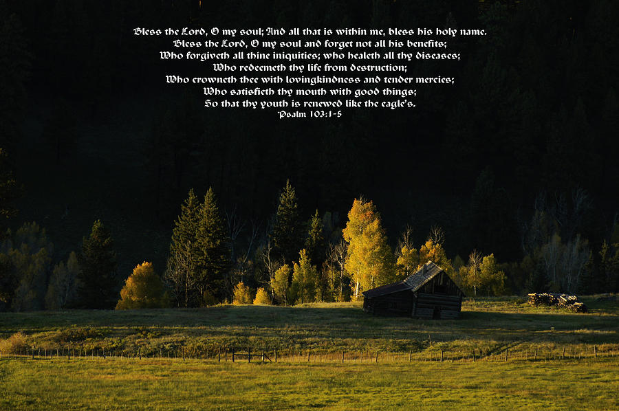 Sunset at the Cabin with Scripture Photograph by Priscilla Burgers