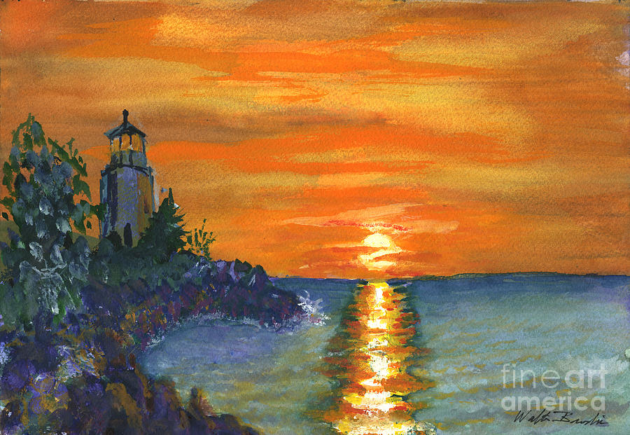 Sunset at the Lighthouse Painting by Walt Brodis