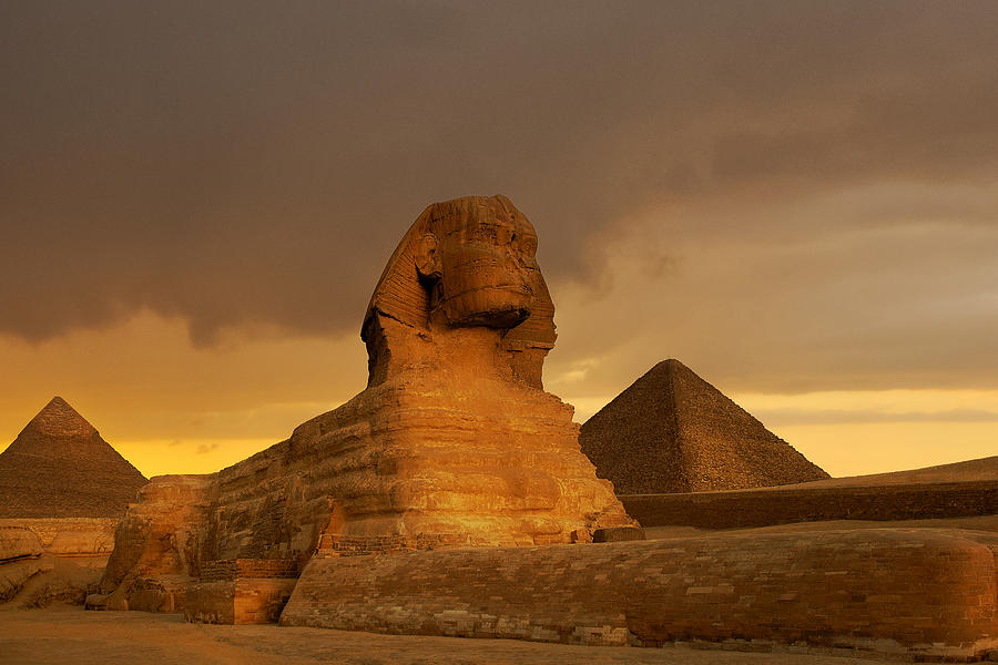 Sunset at the Sphinx and Pyramid complex Giza, Egypt. Photograph by Nick Brundle Photography