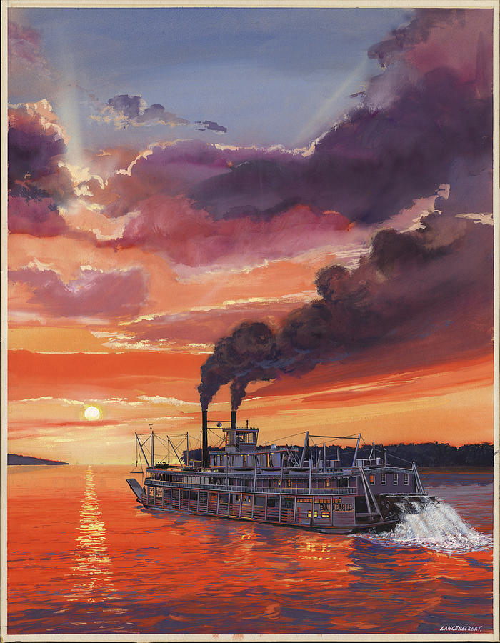 Bald Eagle Painting - Sunset Bald Eagle Steamboat by Don  Langeneckert