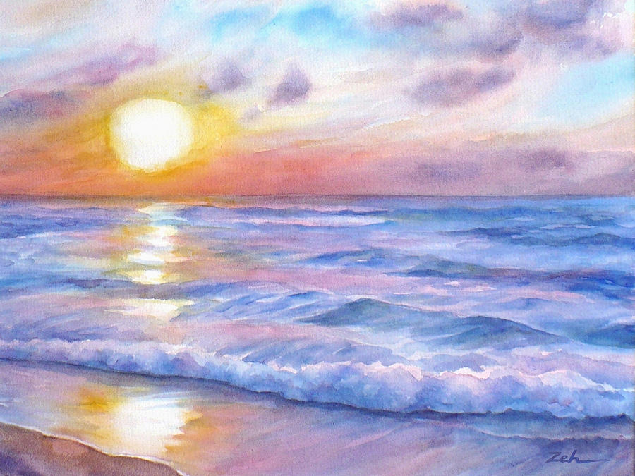 Sunset Beach Hawaii Seascape  Painting by Janet Zeh