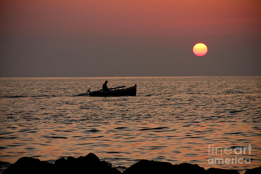 Sunset Boat At Sea Photograph