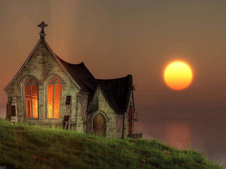 Inspirational Digital Art - Sunset Chapel by the Sea by Christian Art