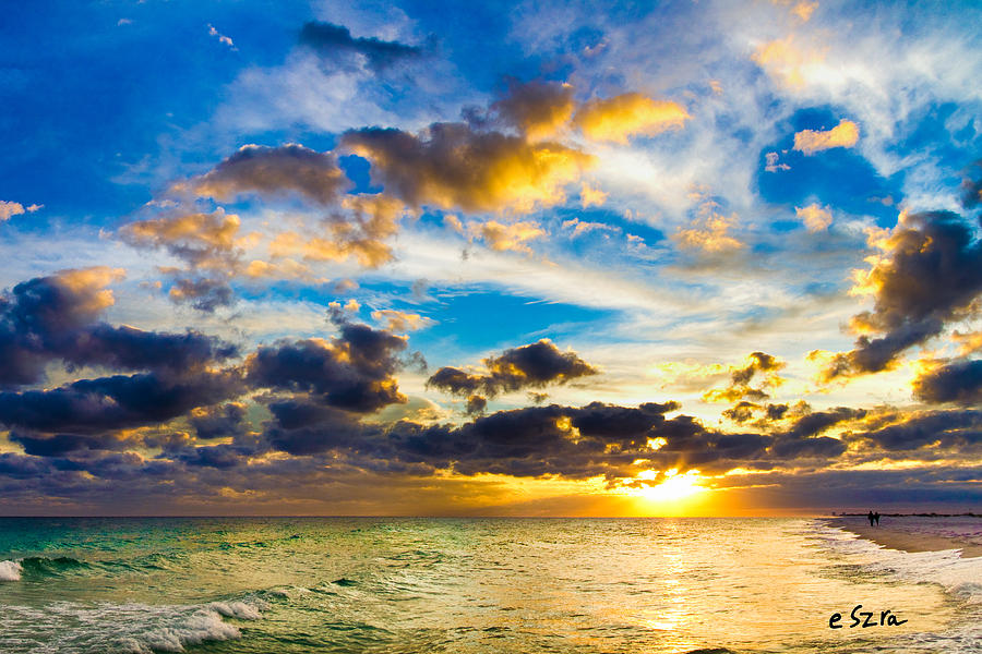 Sunset Photograph - Sunset Cloudscape Silver Lining-Gold Blue Pensacola Sky by Eszra Tanner