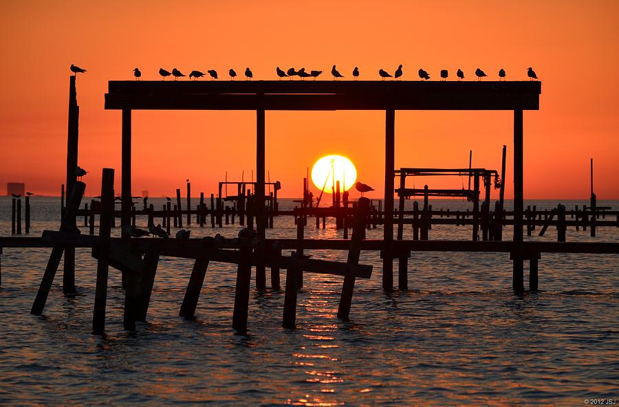 Sunset Colors on Clear Santa Rosa Sound with Gulls Photograph by Jeff at JSJ Photography
