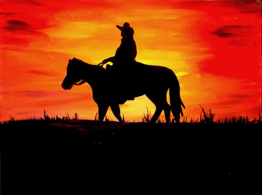 Sunset Cowboy Painting by Marisela Mungia