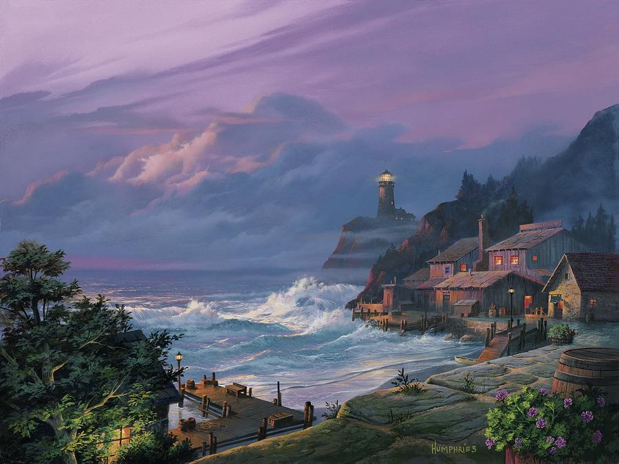 Lighthouse Painting - Sunset Fog by Michael Humphries