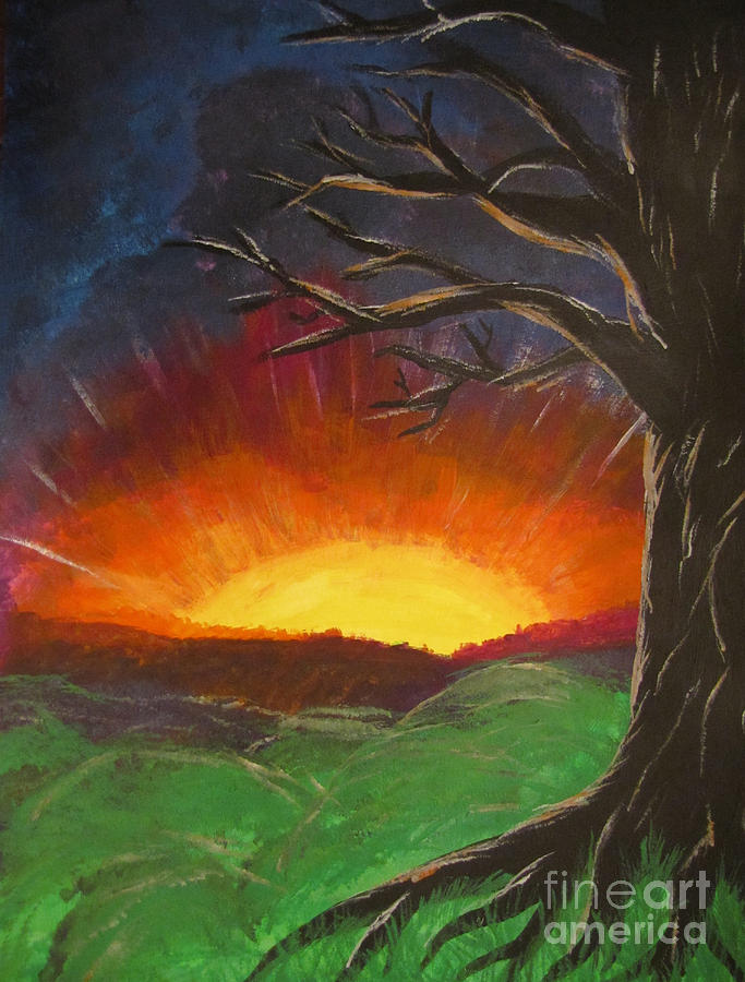 Sunset Painting - Sunset Glowing Beyond the Bare Tree Landscape Painting by Adri Turner