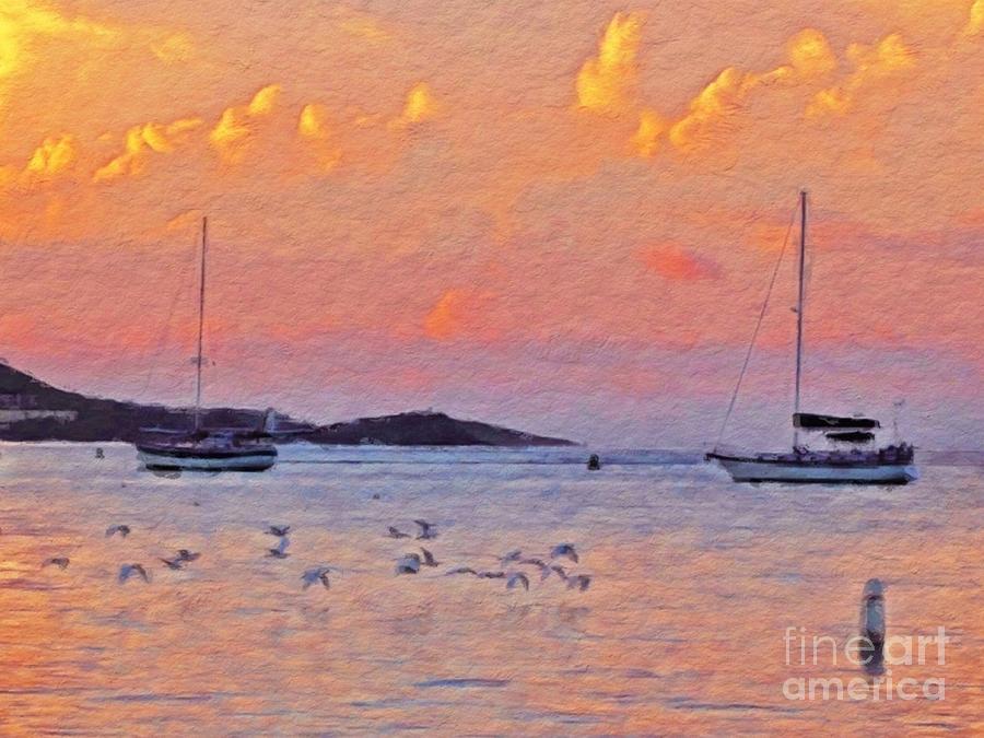 H Sunset Harbor with Birds - Horizontal Digital Art by Lyn Voytershark