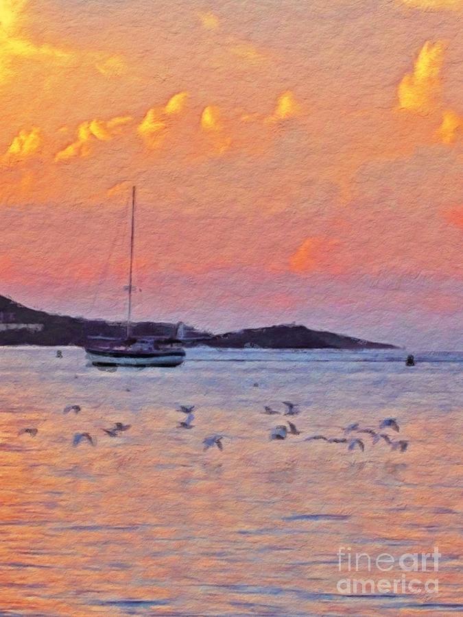 V Sunset Harbor with Birds - Vertical Digital Art by Lyn Voytershark