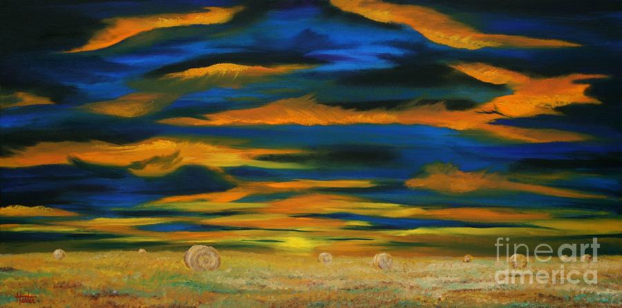 Sunset Painting - Sunset Hayfield by Terry  Hester