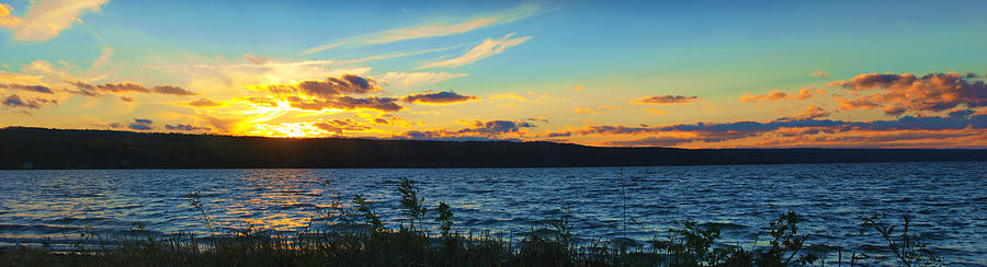 Sunset In Cayuga Lake Ithaca New York Panoramic Photography Photograph by Paul Ge