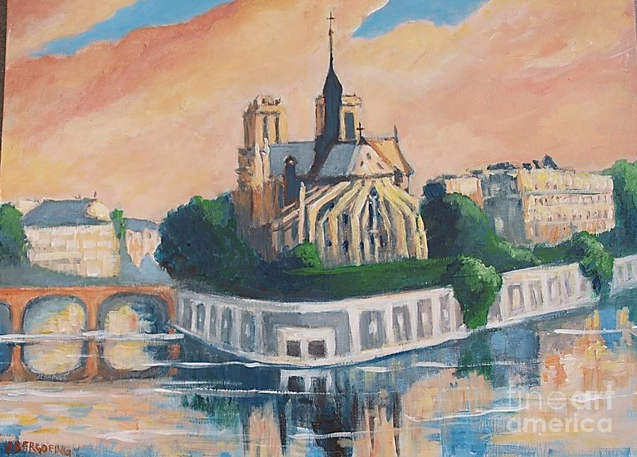 Sunset in Notre Dame of Paris Painting by Jean Pierre Bergoeing