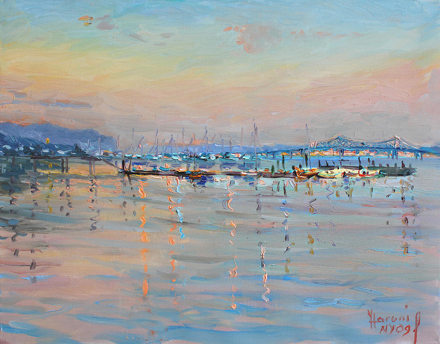Seascape Painting - Sunset in Piermont Harbor NY by Ylli Haruni