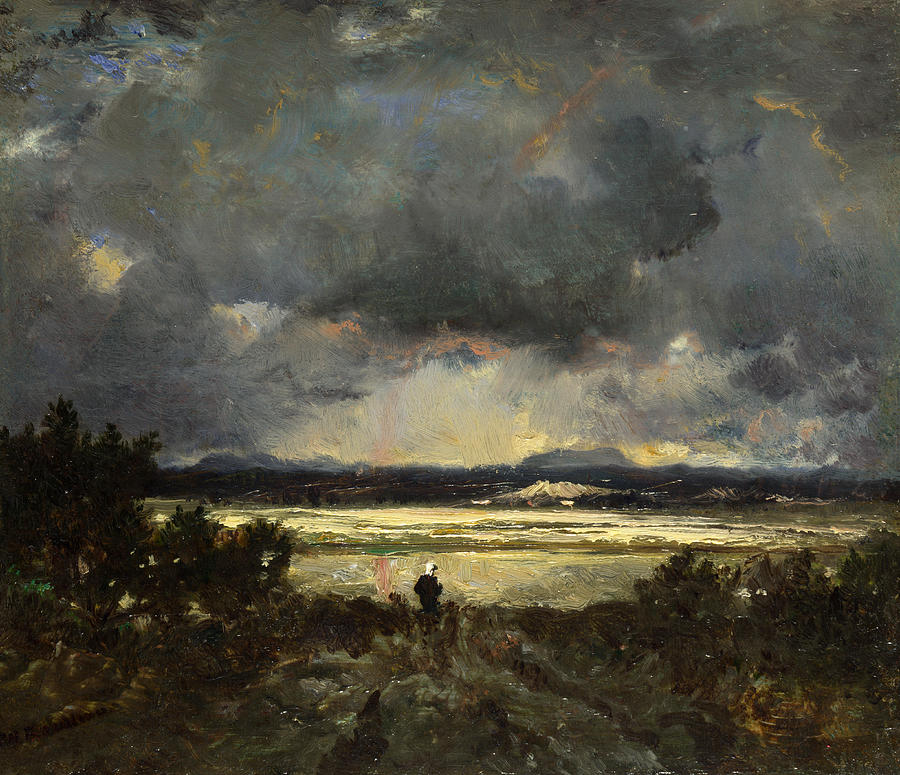Landscape with Stormy Sunset Painting by Theodore Rousseau