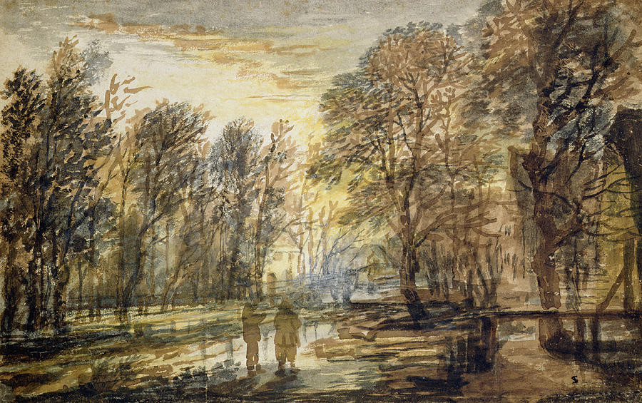 Aert Van Der Neer Drawing - Sunset In The Wood by Aert van der Neer