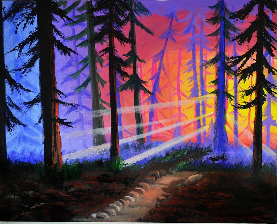 Sunset  in the woods Painting by P Dwain Morris
