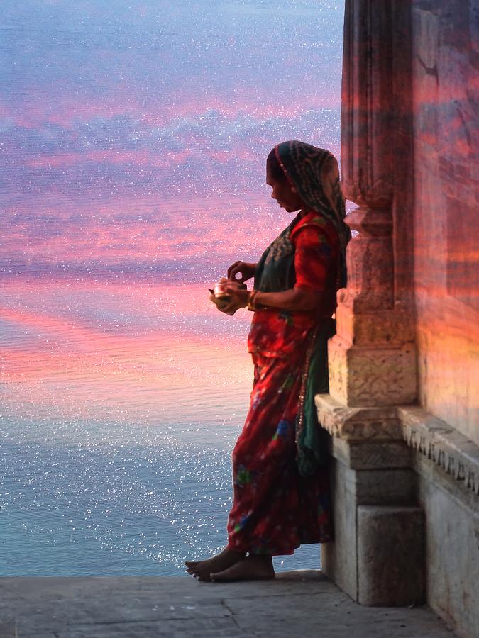 Sunset Photograph - Sunset Lake Colorful Woman Rajasthani Udaipur India by Sue Jacobi