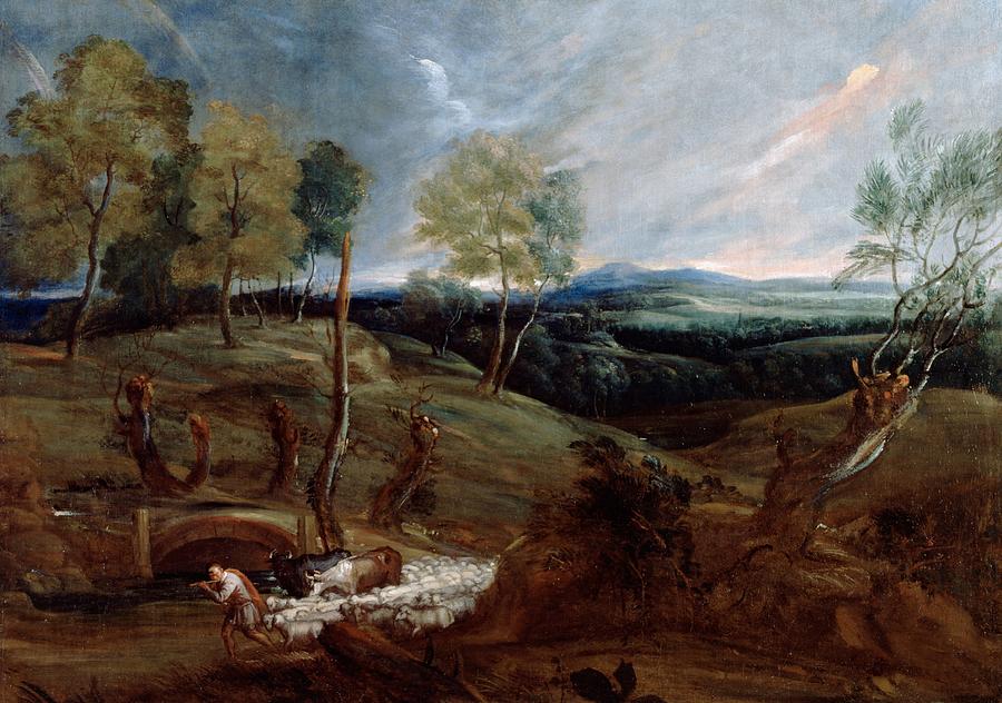 Sunset Landscape with a Shepherd and his Flock Painting by Anthony van Dyck