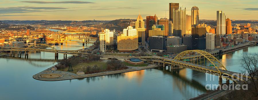 Pittsburgh Skyline Photograph - Sunset Lights On Pittsburgh by Adam Jewell