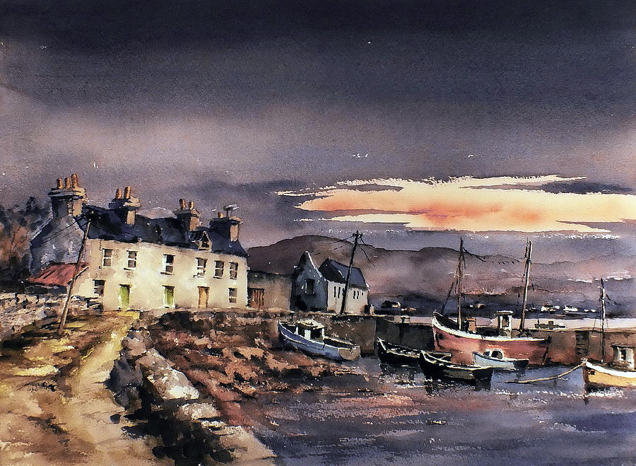 Sunset on Coraun Harbour Mayo Painting by Val Byrne