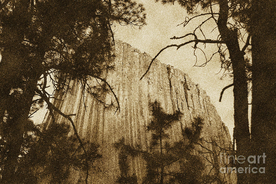 Sunset on Devils Tower National Monument Wyoming USA Vintage Photograph by Shawn OBrien