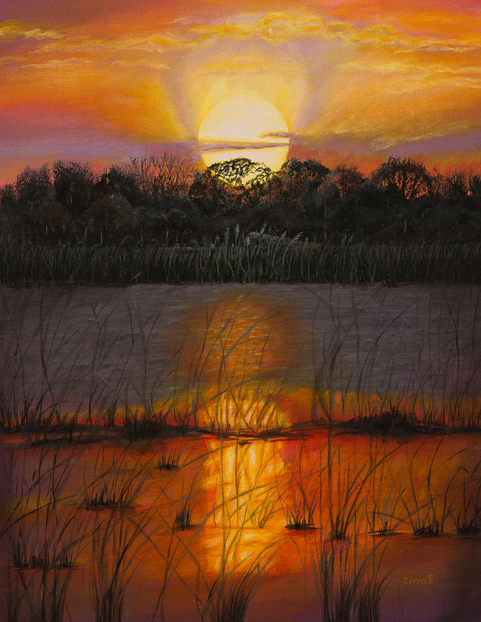 Sunset Painting - Sunset on Floridas lake by Zina Stromberg