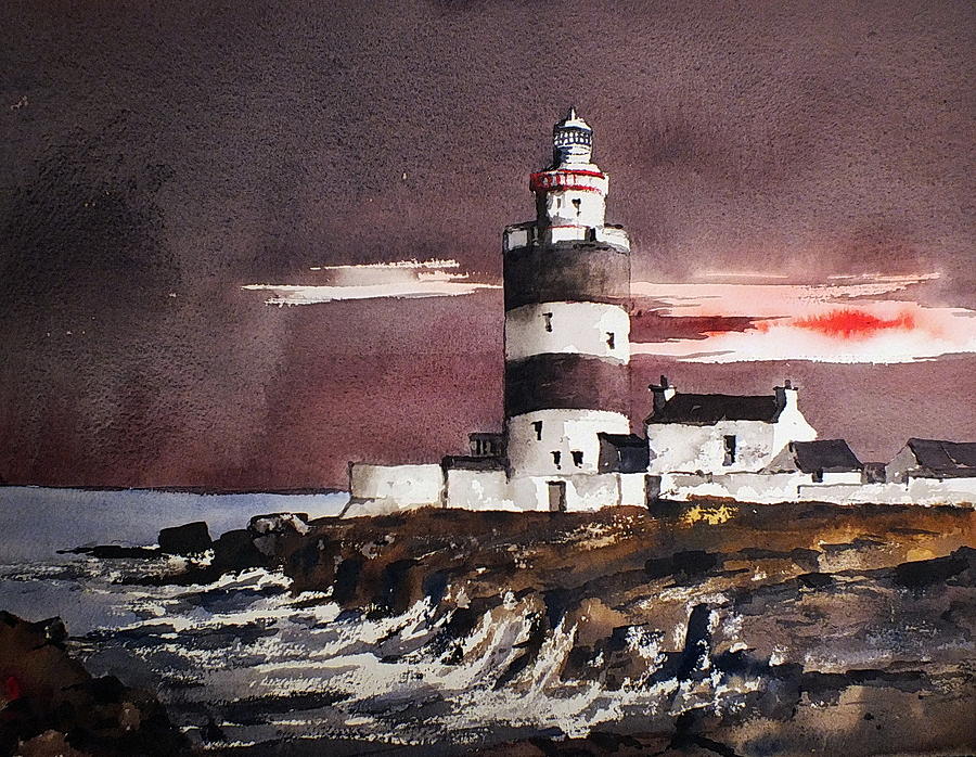 Lighthouse Painting - Sunset on Hook Head Wexford by Val Byrne