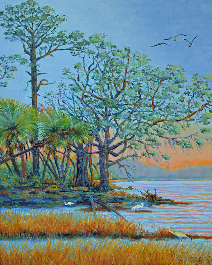 Sunset on Hunting Island Lagoon Painting by Dwain Ray