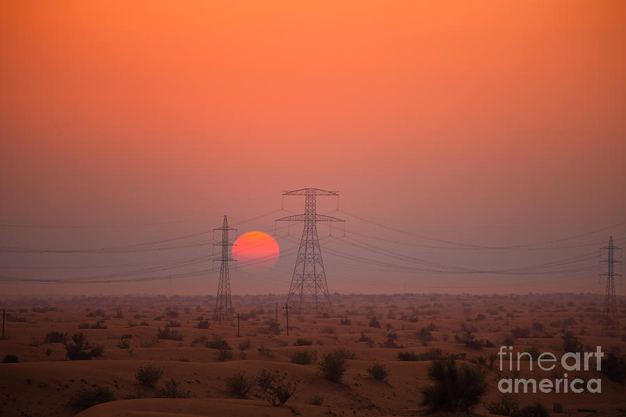 Sunset Photograph - Sunset on pylons in Dubai desert by Fototrav Print