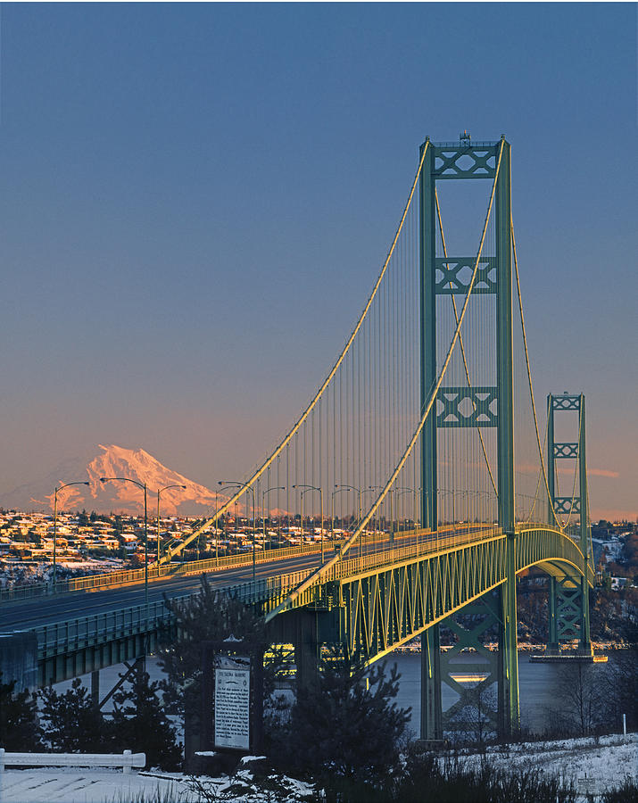 1A4Y20-V-Sunset on Rainier with the Tacoma Narrows Bridge Photograph by Ed  Cooper Photography