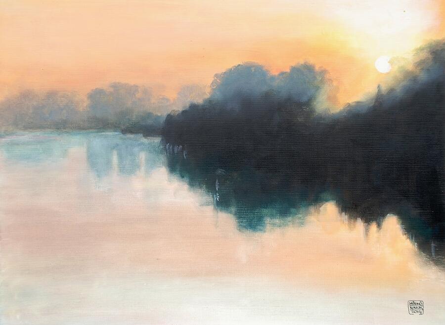 Sunset Painting - Sunset on swamp by Huseyin Husnu Konuk