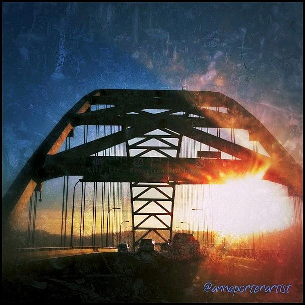 Bridge Photograph - Sunset On The Fremont Bridge Portland by Anna Porter