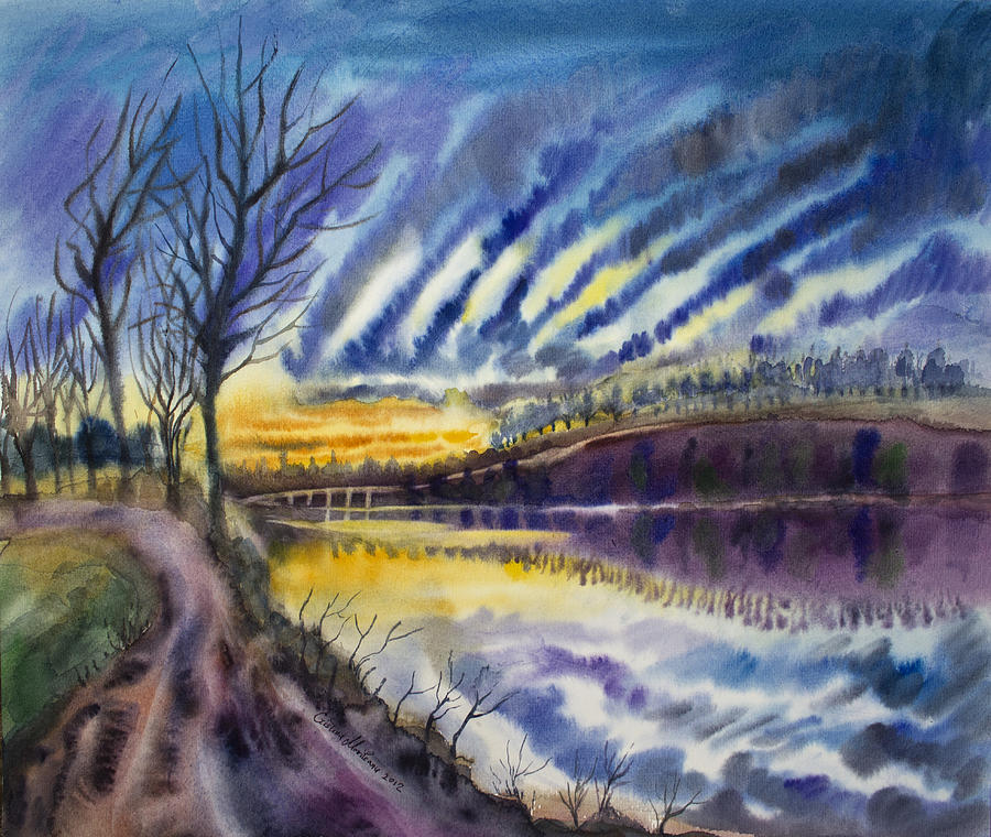 Magic Painting - Sunset on the river watercolor painting by Cristina Movileanu