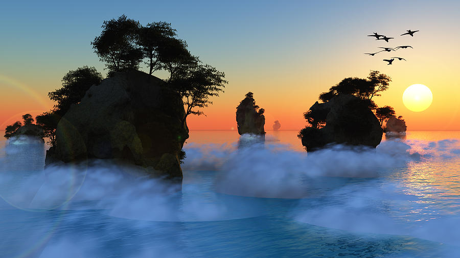 Sunset or sunrise with rocky islands Digital Art by Bruce Rolff