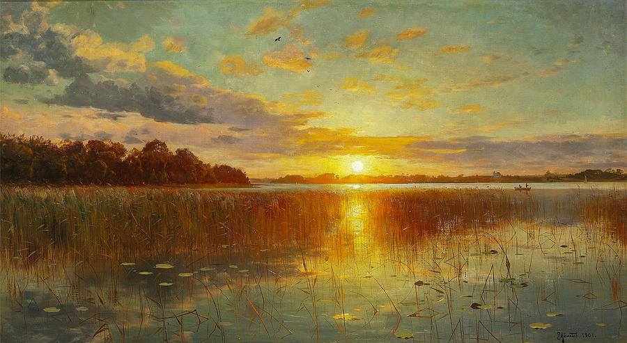 Sunset over a Danish Fjord Painting by Peder Mork Monsted
