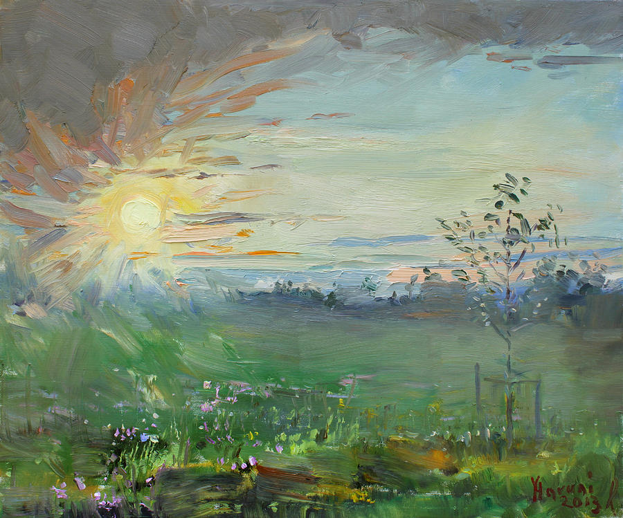 Sunset over a Field of Wild Flowers Painting by Ylli Haruni