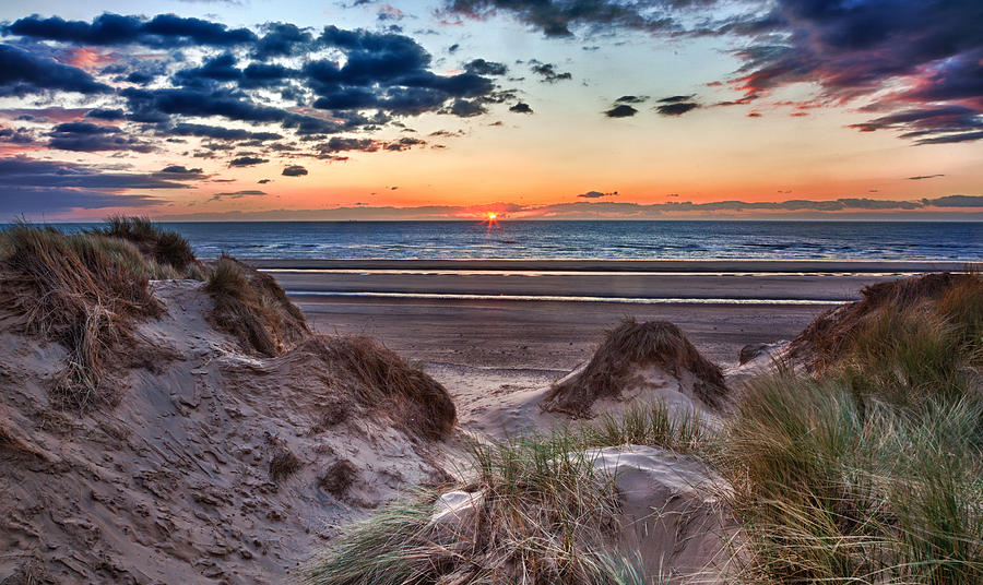 Sunset over Formby Beach through dunes Photograph by Steven Heap